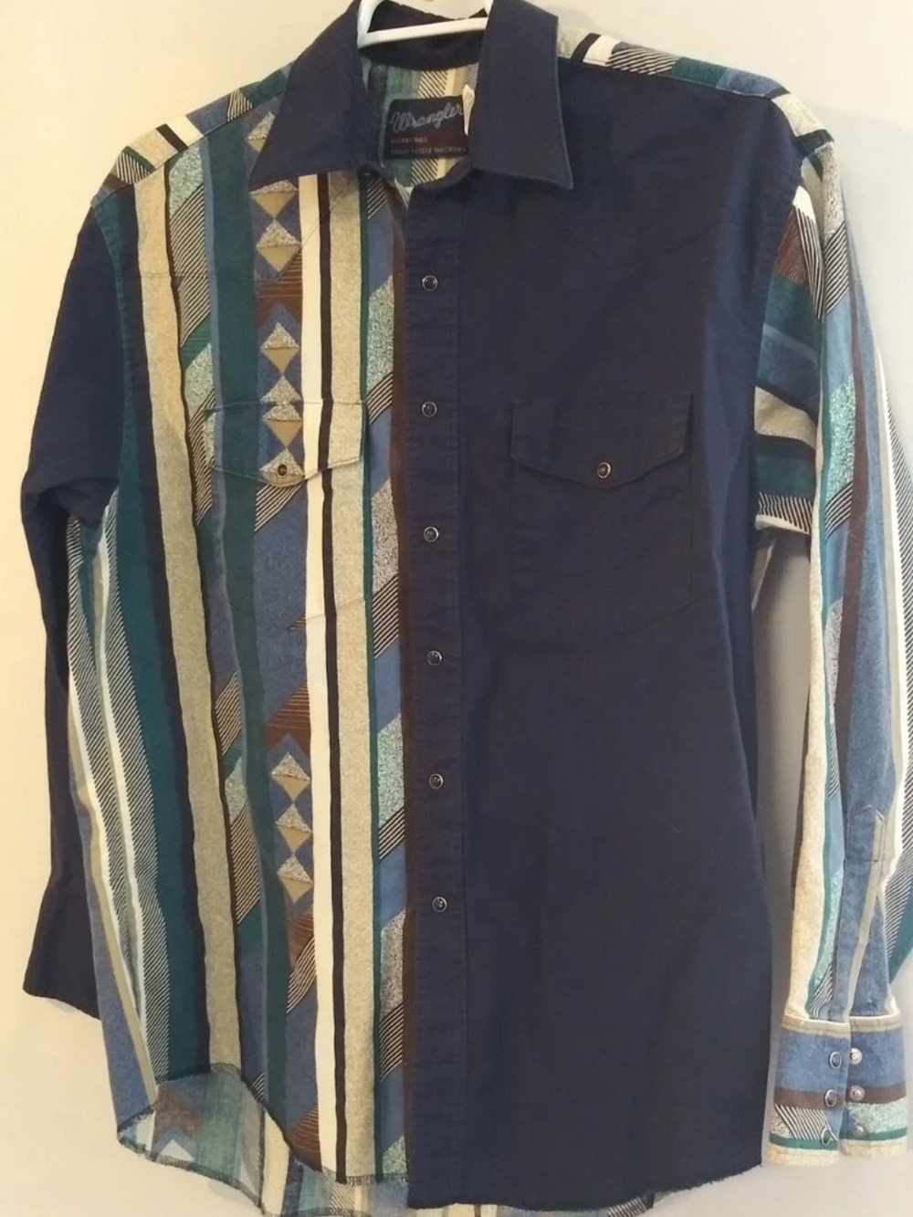 Wrangler Aztec Southwestern Black Pearl Snap Western Shirt 17 1/2 36 Vintage